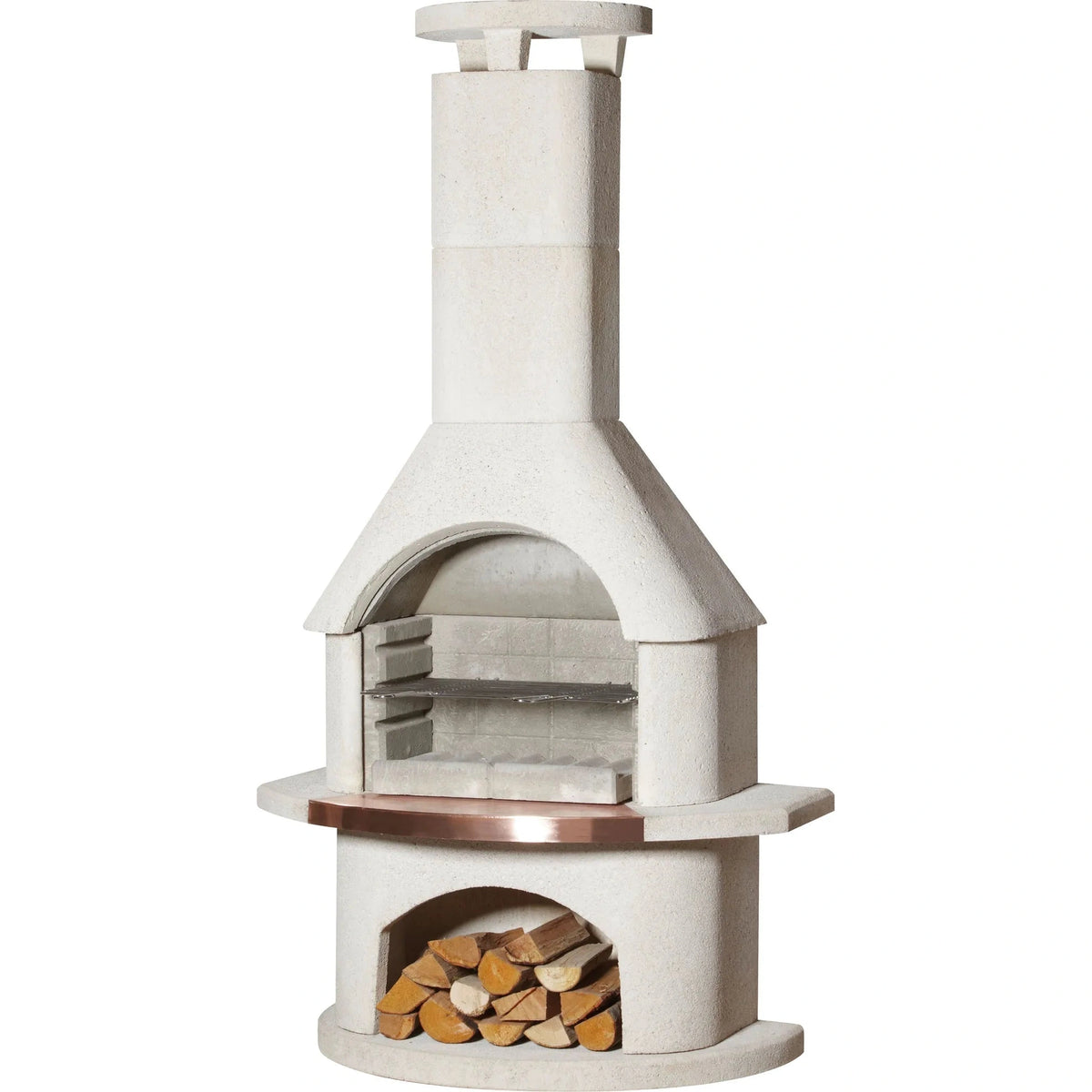 Buschbeck Venezia masonry barbecue white concrete outdoor pizza oven with copper trim and wood storage compartment