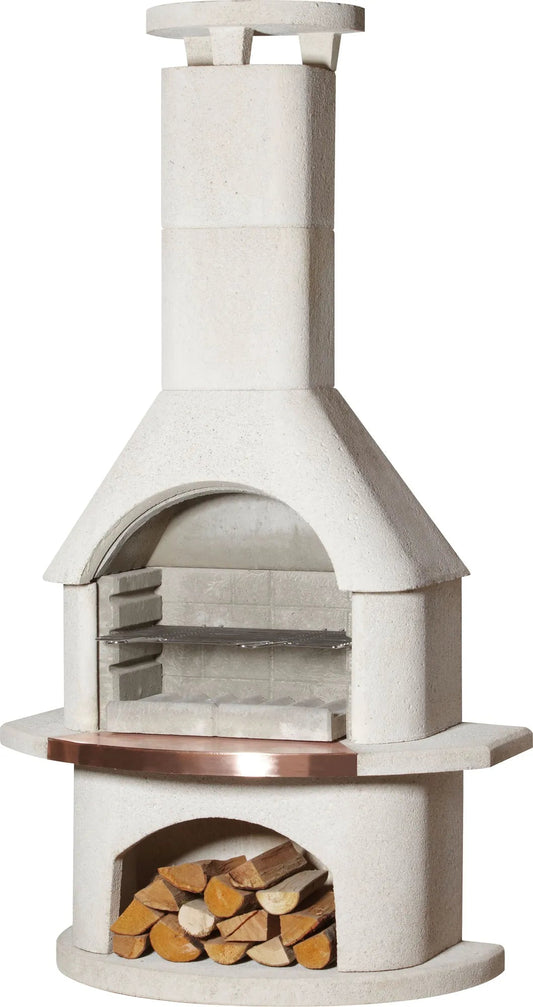 Buschbeck Venezia masonry barbecue white concrete outdoor pizza oven with copper trim and wood storage below