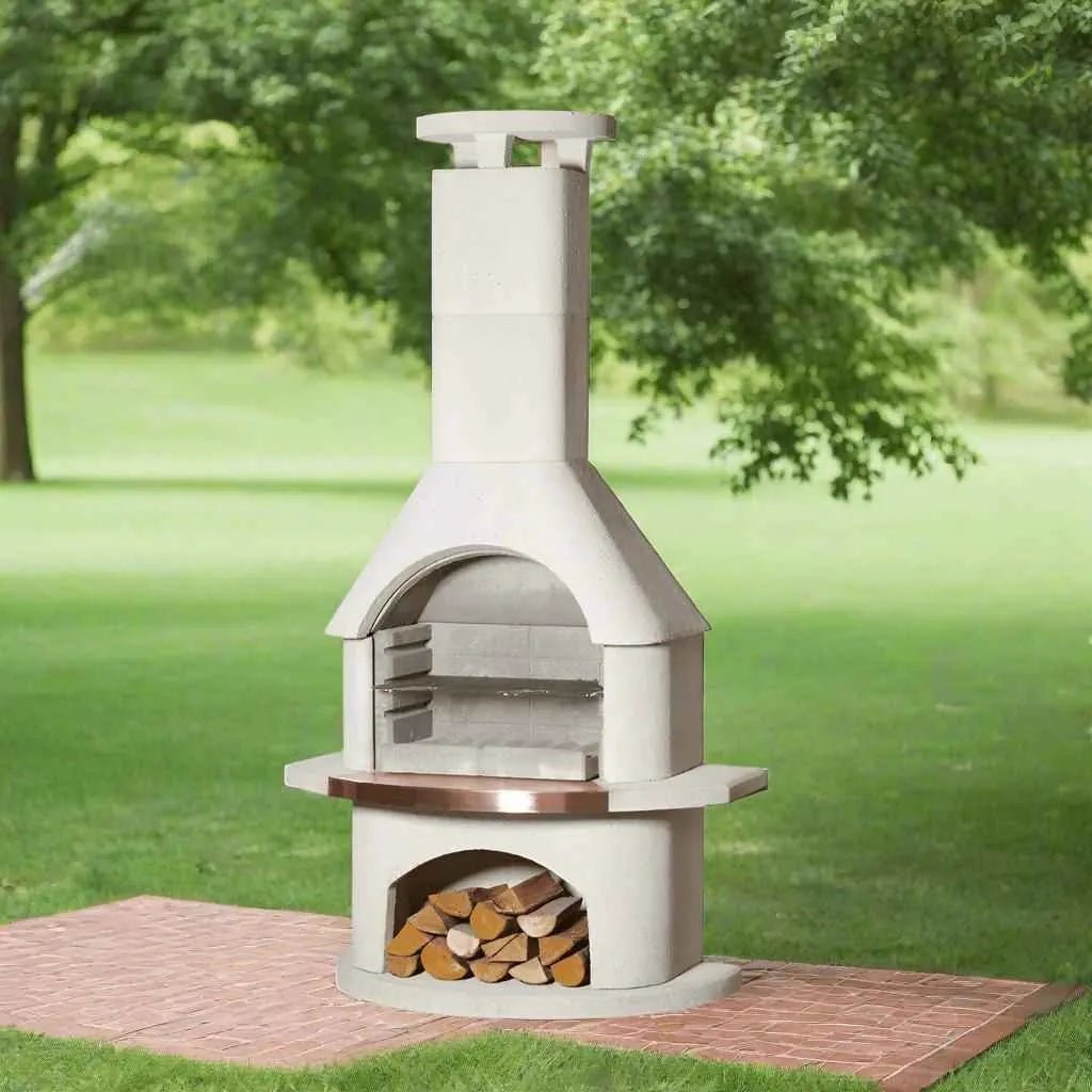 Buschbeck Venezia masonry barbecue cream-colored stone outdoor fireplace with copper trim and built-in wood storage