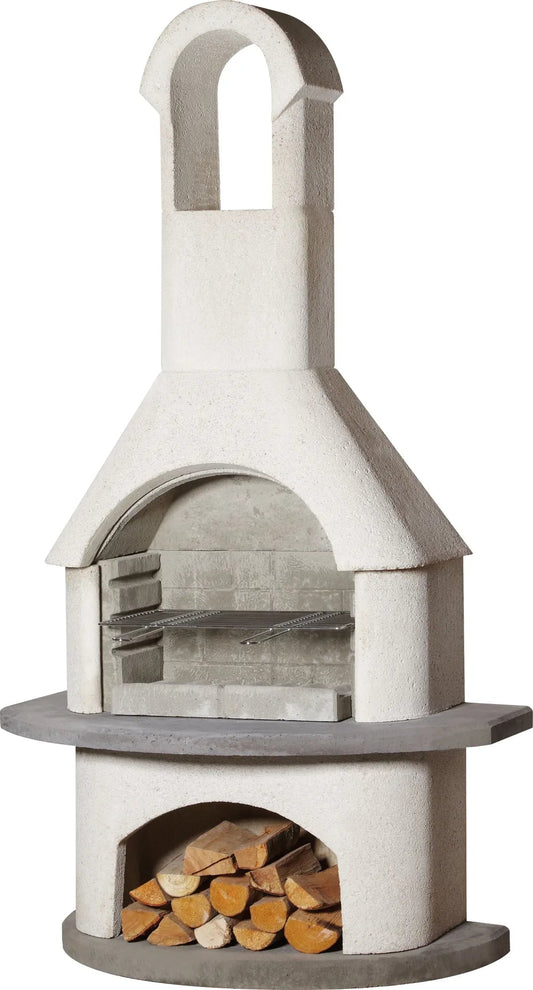 White concrete outdoor pizza oven with chimney grill rack and wood storage compartment Buschbeck Verona masonry barbecue