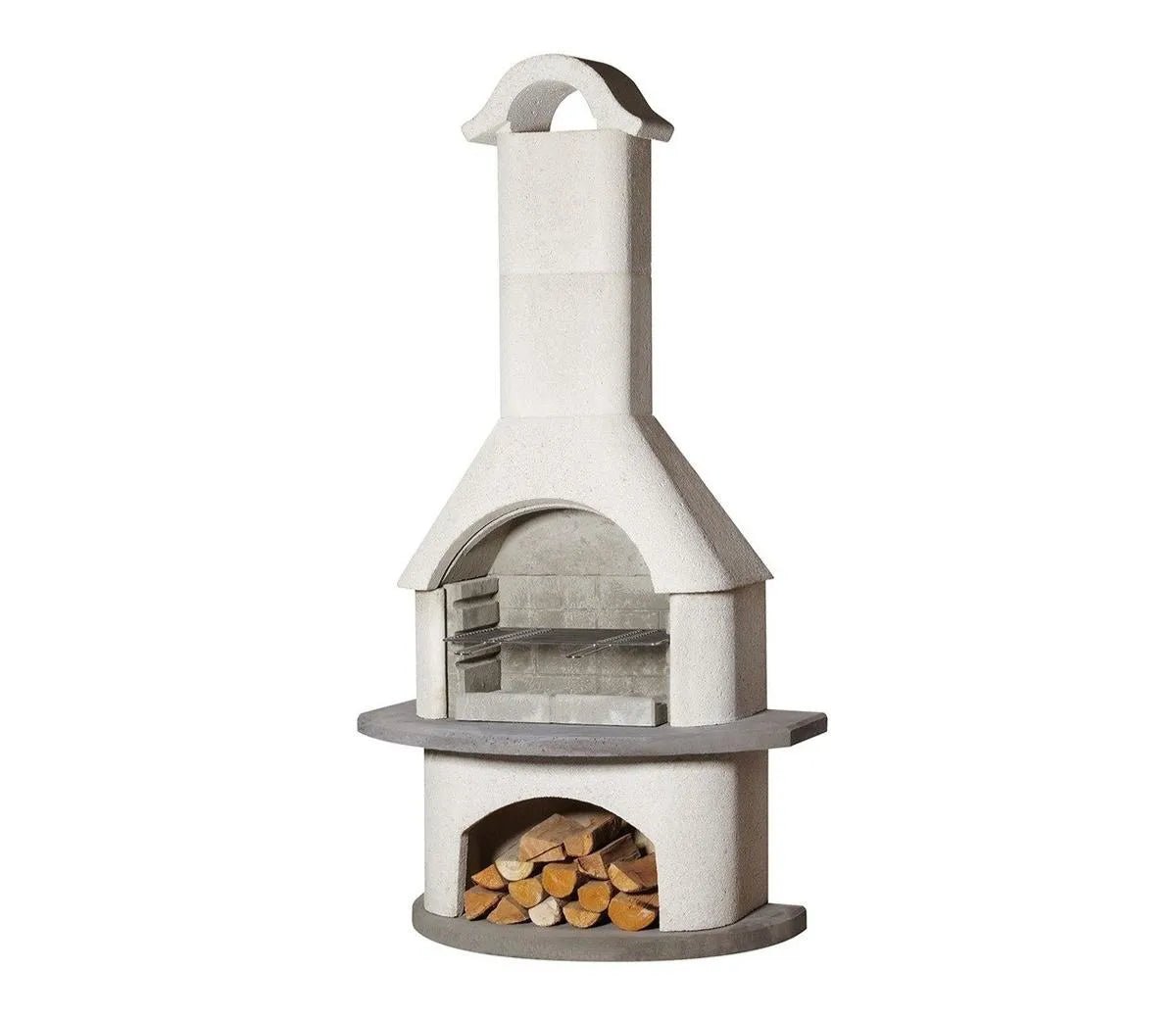 Buschbeck Verona masonry barbecue white concrete outdoor pizza oven with chimney arched door and firewood compartment