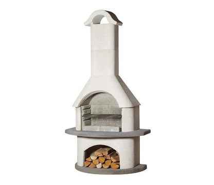 Buschbeck Verona masonry barbecue white concrete outdoor pizza oven with chimney arched door and firewood compartment