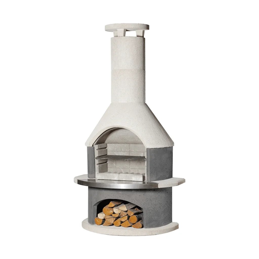 White and gray concrete Buschbeck Wellington masonry barbecue with stainless steel cooking grate and chimney for outdoor use