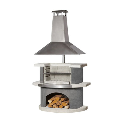 Buschbeck Zurich masonry barbecue with stainless steel chimney concrete base built-in oven and wood storage compartment
