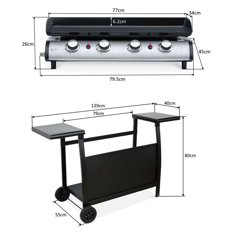 Callow Black 4 Burner Gas Griddle and Plancha with Stand and Side Tables | 1104+stand - BBQs & Grills - 1104+stand - GardenHearth