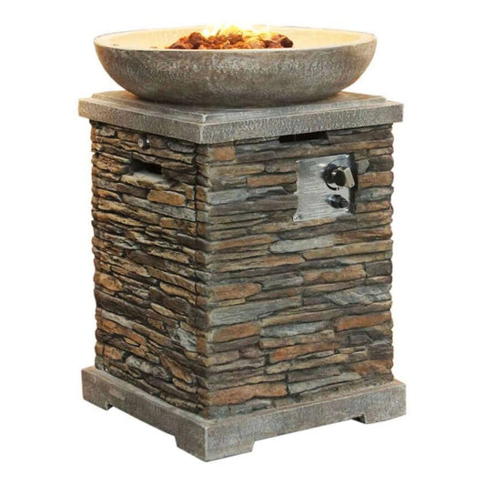 Callow premium slate effect gas fire pit with a stacked stone base and bowl top filled with glowing embers