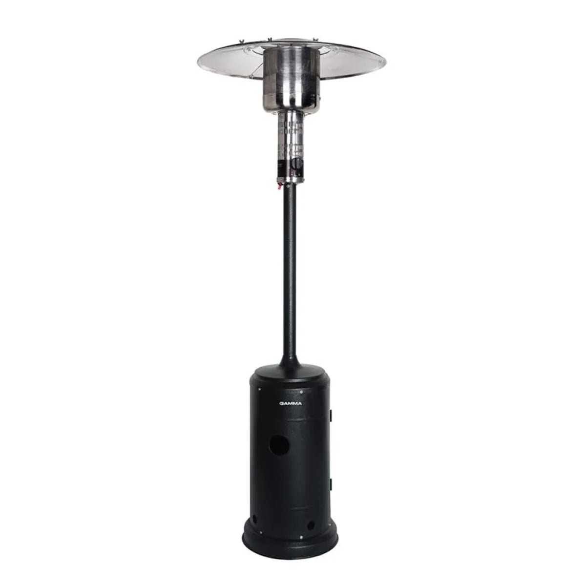 Black capri patio heater with sleek cylindrical stainless steel base and tall pole topped by circular heating element