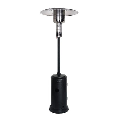 Black capri patio heater with sleek cylindrical stainless steel base and tall pole topped by circular heating element