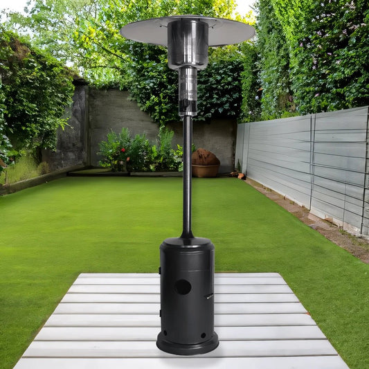 Black metal Capri patio heater with a sleek cylindrical base and tall pole topped by circular heating element