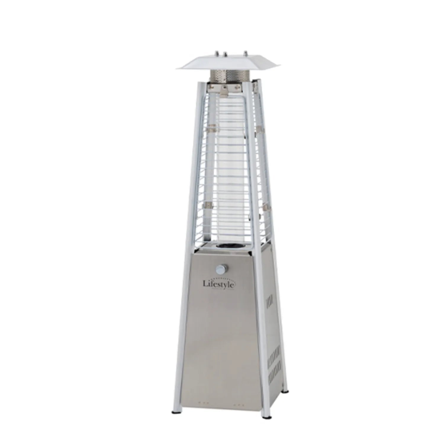 Stainless steel chantico tabletop flame patio heater in pyramid shape with sleek modern design and white vented top