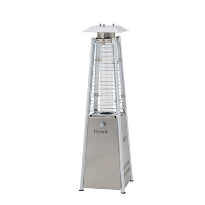 Stainless steel chantico tabletop flame patio heater in pyramid shape with sleek modern design and white vented top