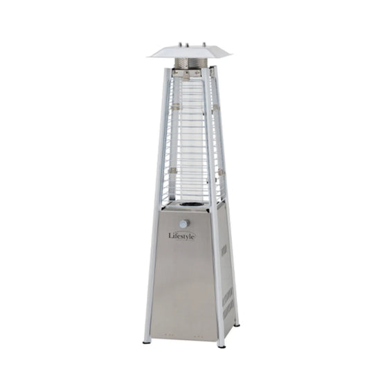 Stainless steel chantico tabletop flame patio heater in pyramid shape with sleek modern design and white vented top