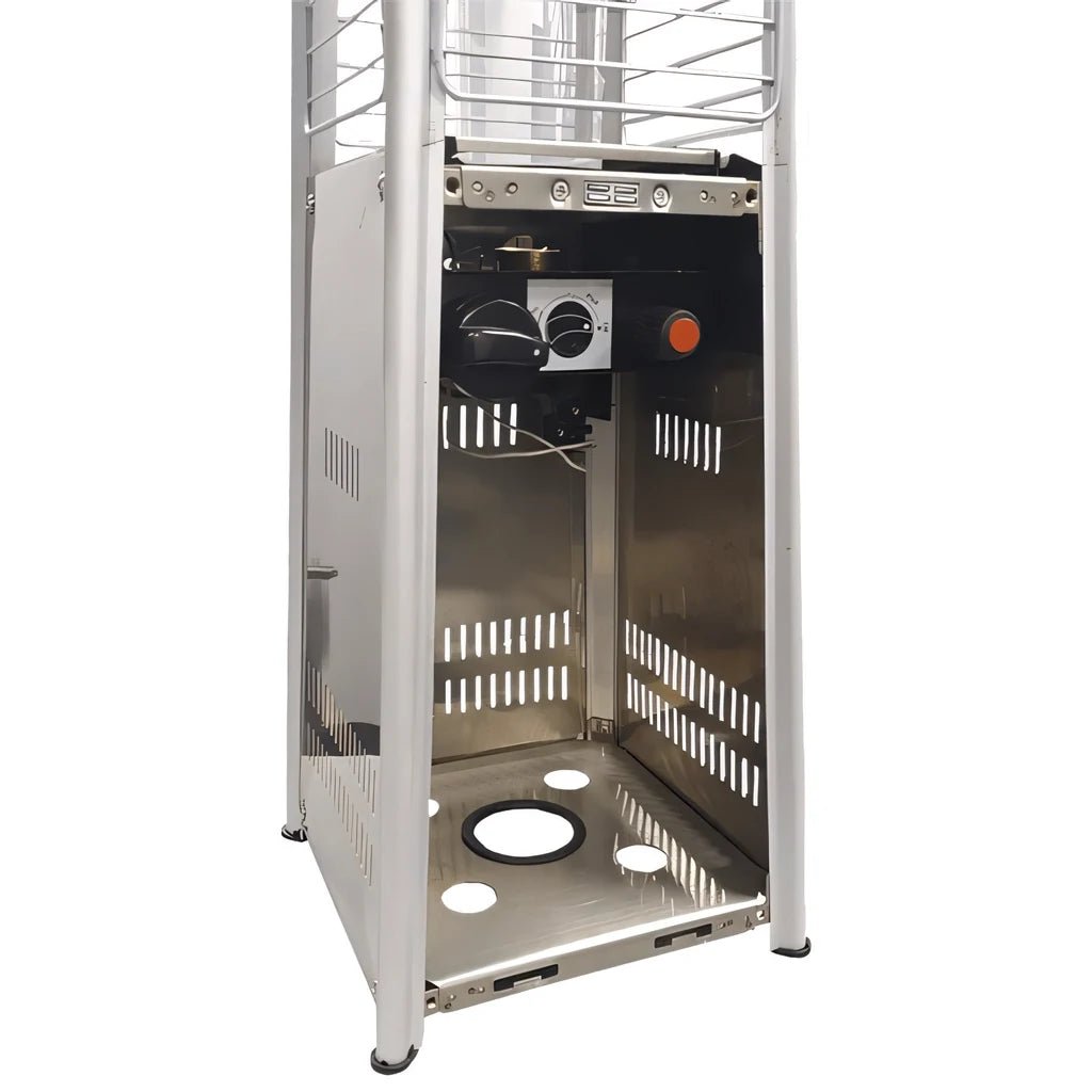 Silver stainless steel Chantico tabletop flame patio heater with mesh top and vented sides for outdoor propane heating