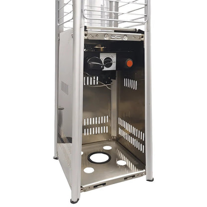 Silver stainless steel Chantico tabletop flame patio heater with mesh top and vented sides for outdoor propane heating