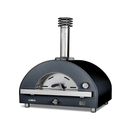 Black matte-finish wood-fired pizza oven with stainless steel chimney door handle and control knob clementi remida plus compact gas oven