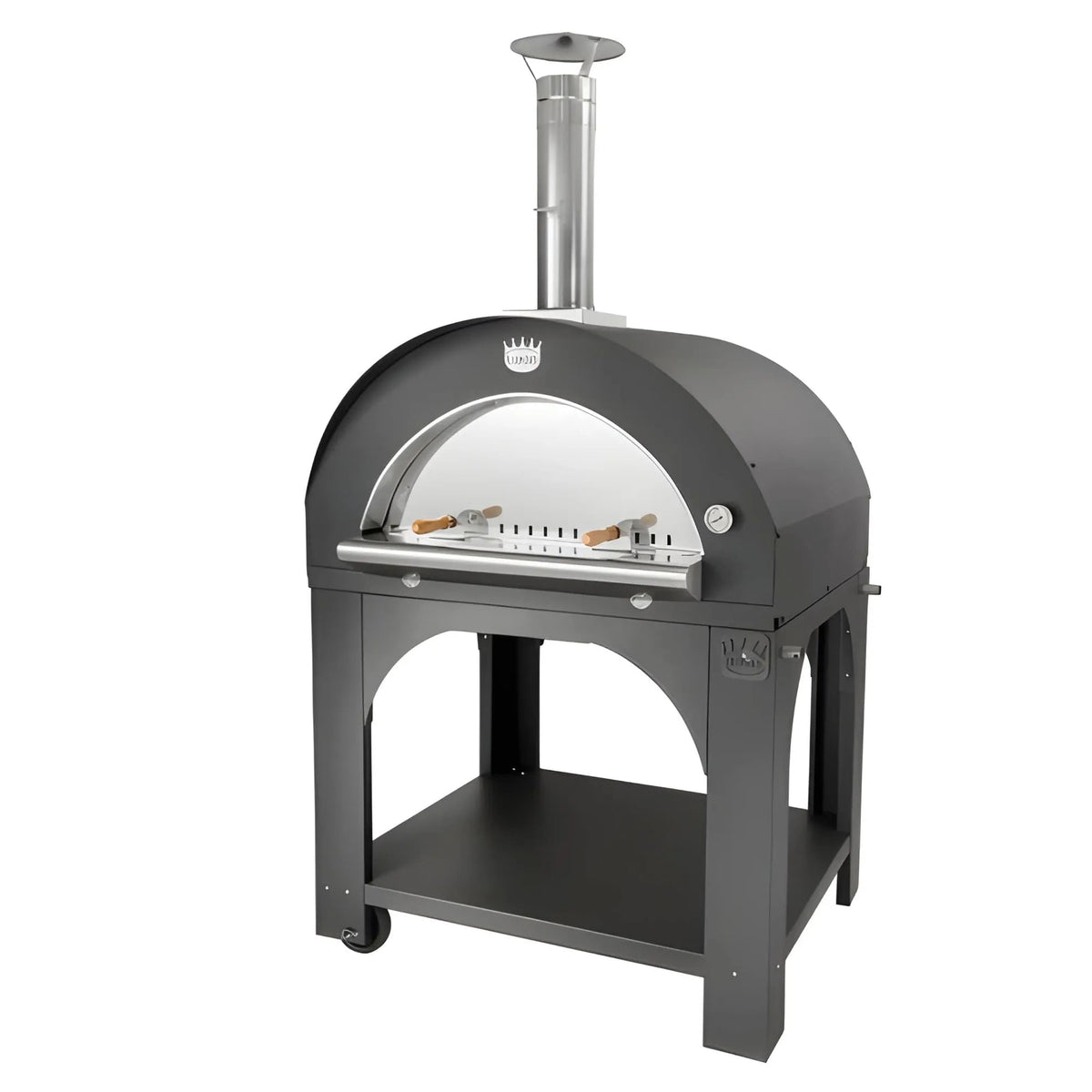 Black cast iron wood-fired pizza oven with stainless steel chimney and arched glass door on clementi standard pizza oven stand