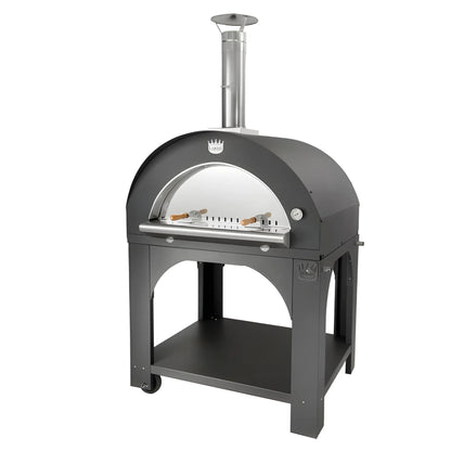 Black cast iron wood-fired pizza oven with stainless steel chimney and arched glass door on clementi standard pizza oven stand