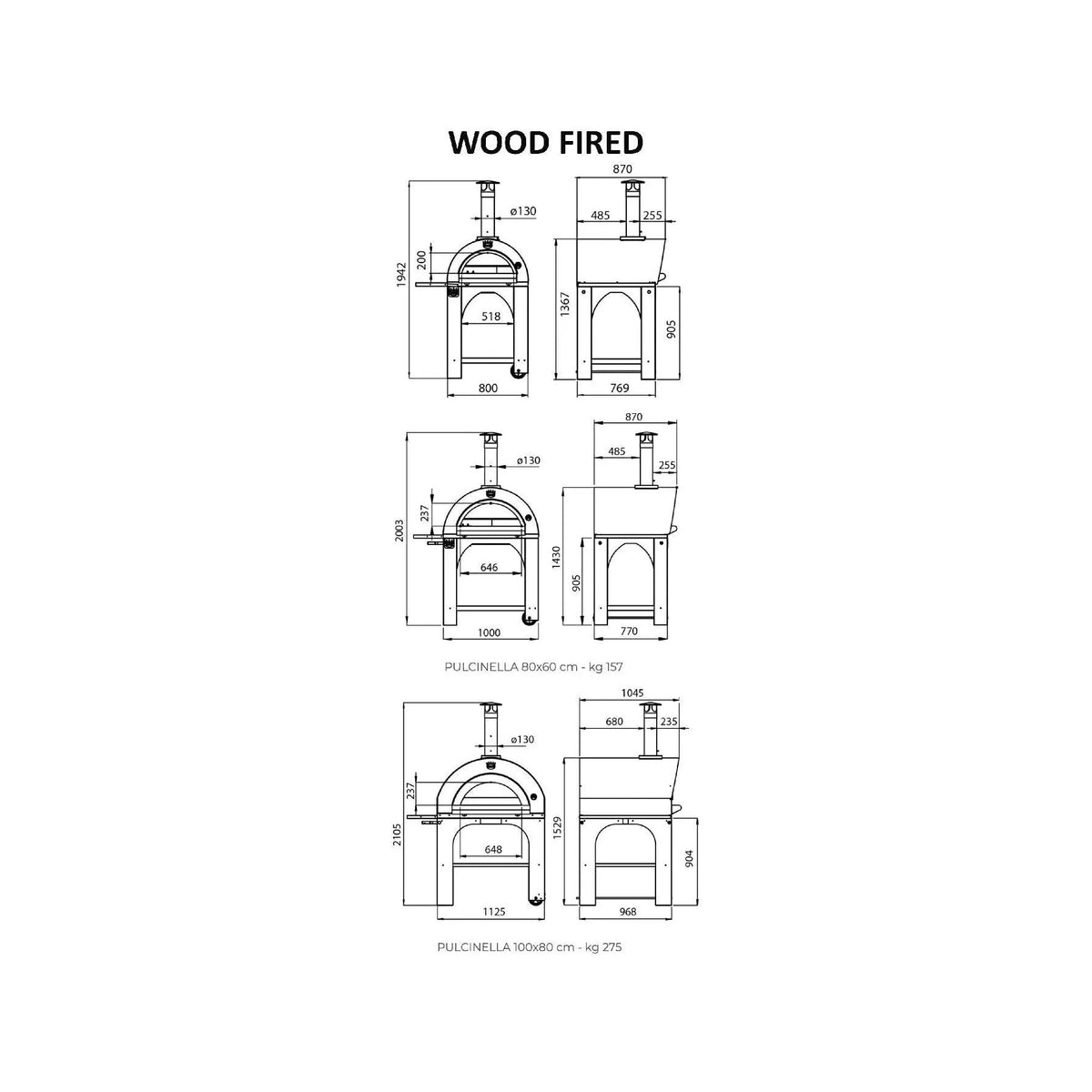 Clementi standard wood-fired pizza oven stand in metal with arched design showing three pulcinella model sizes