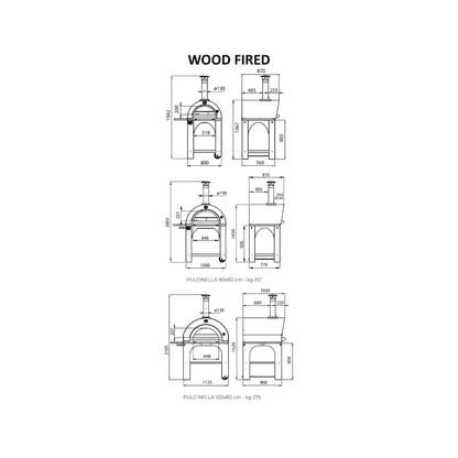 Clementi standard wood-fired pizza oven stand in metal with arched design showing three pulcinella model sizes