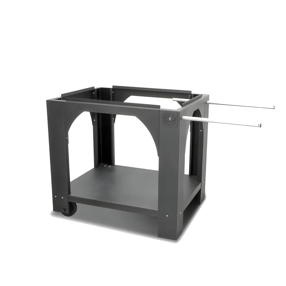 Black metal grill cart with arched side panels lower shelf and wheels for mobility clementi standard pizza oven stand