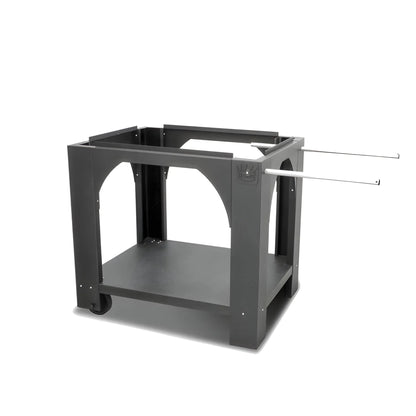Black metal grill cart with arched side panels lower shelf and wheels for mobility clementi standard pizza oven stand