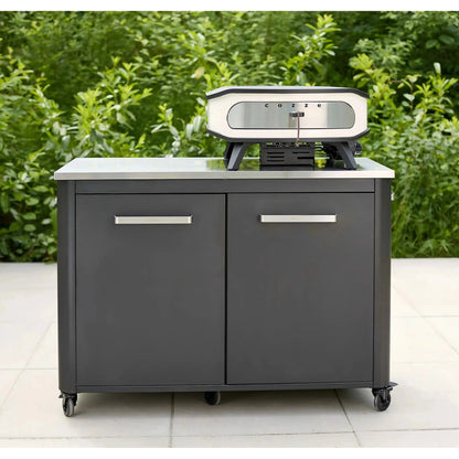 Gray metal outdoor grill cart with stainless steel countertop and two doors featuring cozze gas grill on top