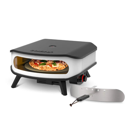White and black oster cozze 17 inch gas pizza oven with rotating stone baking a fresh pizza inside