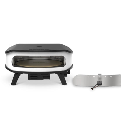 Modern black and stainless steel cozze 17 inch gas pizza oven with rotating stone and sleek compact design