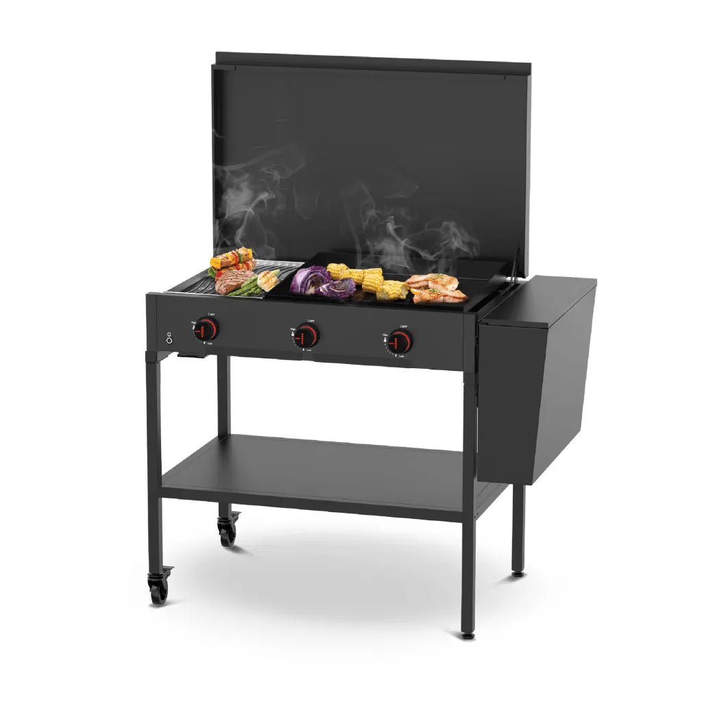 Black Cozze 900 Station gas grill with three burners red control knobs and hinged lid for outdoor cooking