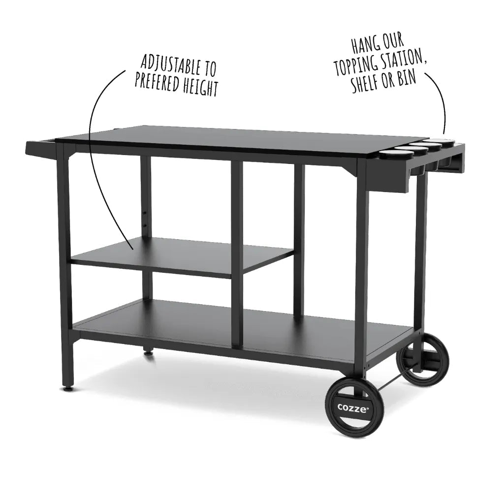 Black metal cozze bbq station bar cart with adjustable height wheels and top shelf for toppings or bins