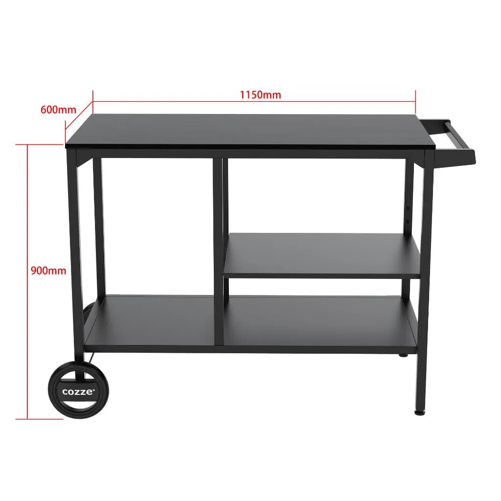 Black metal Cozze BBQ Station serving cart with two shelves handle and Cozze logo on its wheel model 90201