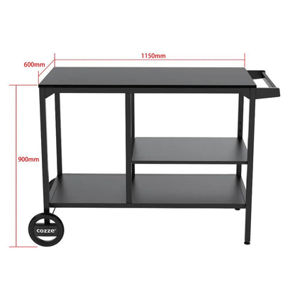 Black metal Cozze BBQ Station serving cart with two shelves handle and Cozze logo on its wheel model 90201