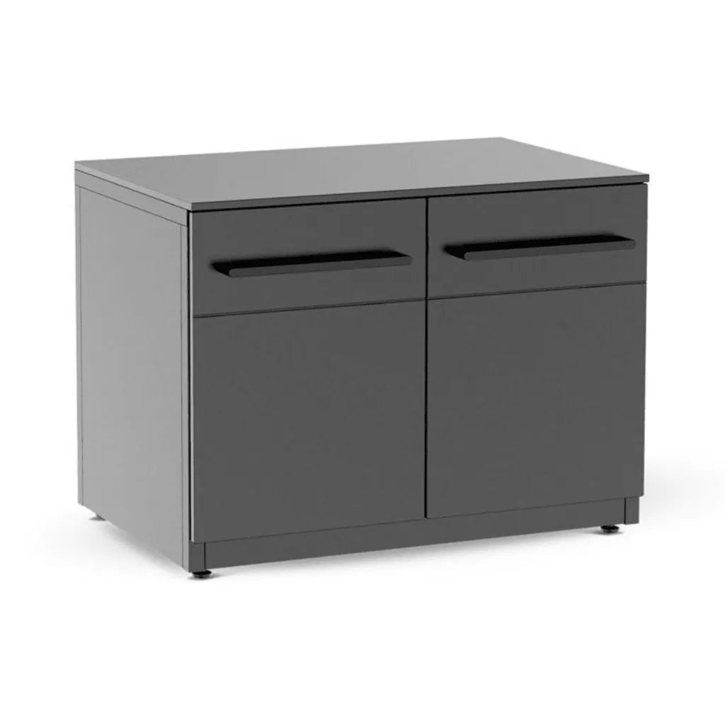 Modern matte gray metal outdoor kitchen cabinet with two drawers and doors featuring black horizontal handles