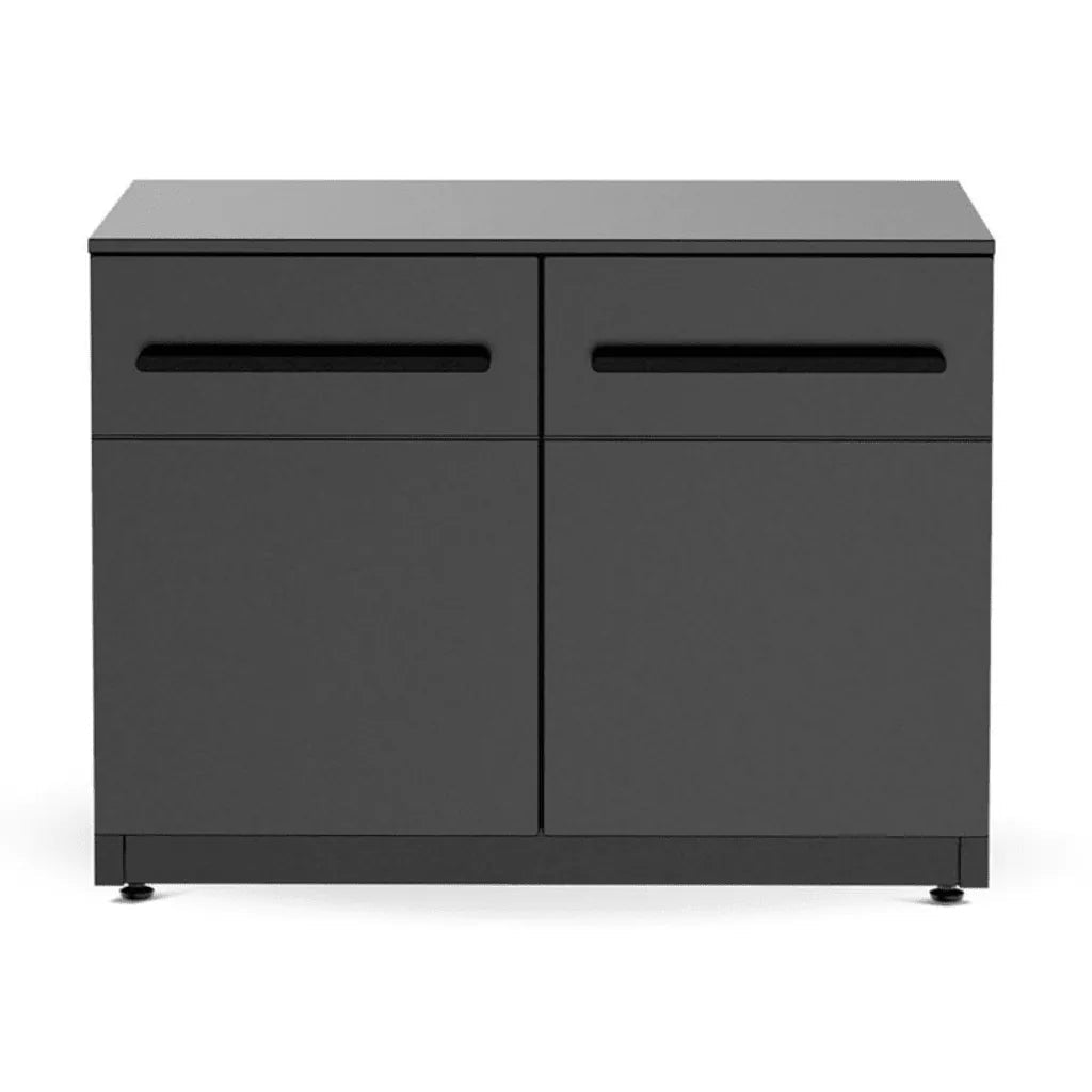 Modern matte black two-drawer metal cabinet with sleek handles and minimalist design for Cozze Elements outdoor kitchen