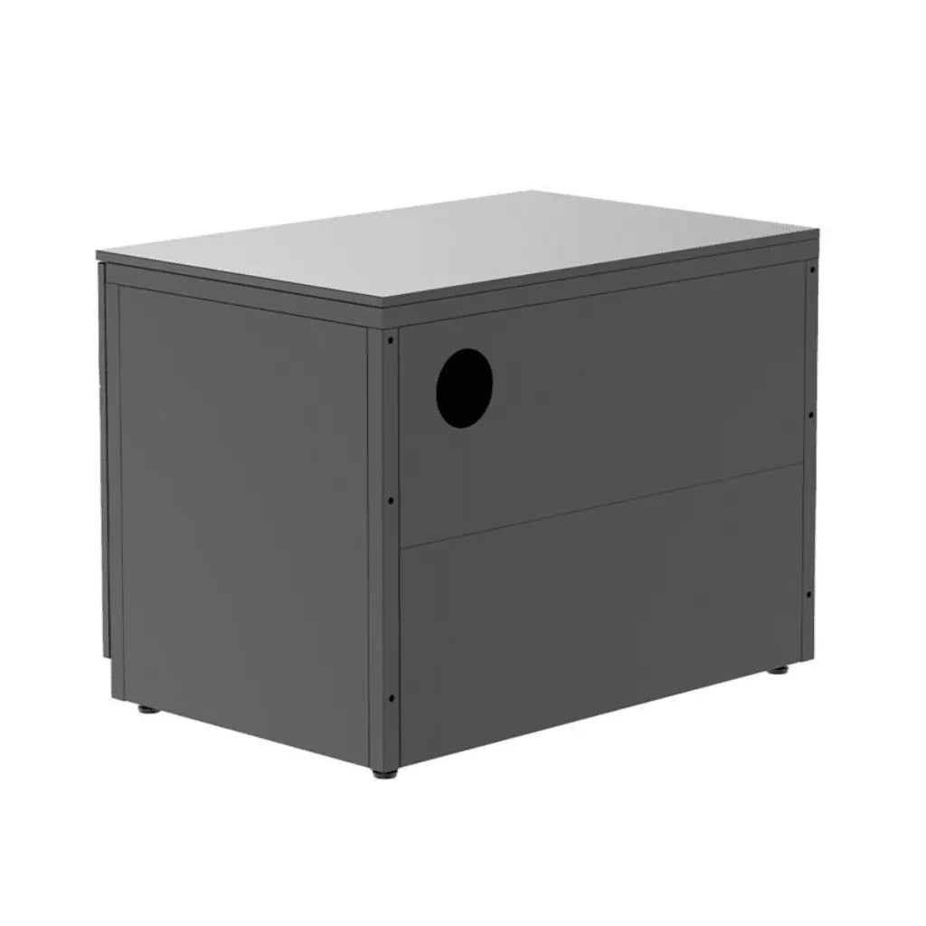 Gray metal outdoor trash receptacle with circular side opening for cozze elements outdoor kitchen 90 low module