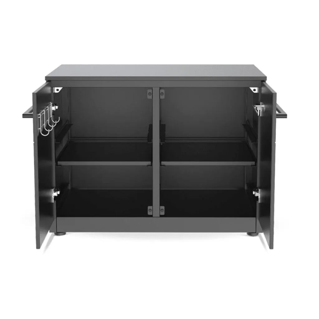 Black metal storage cabinet with two doors shelves and hooks for cozze elements outdoor kitchen 90 low module 90985