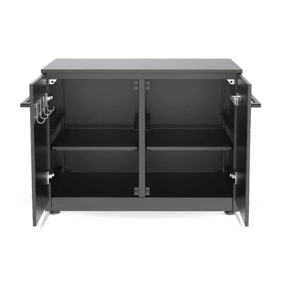 Black metal storage cabinet with two doors shelves and hooks for cozze elements outdoor kitchen 90 low module 90985