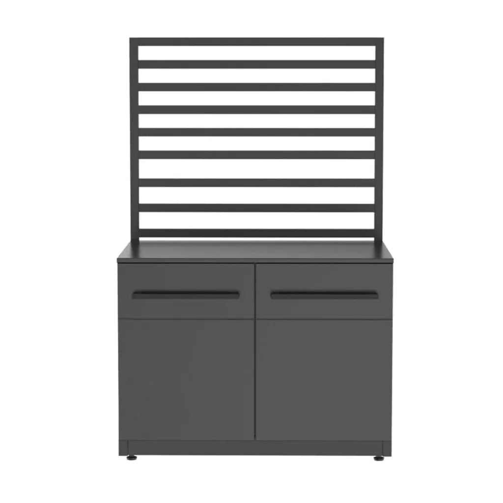 Modern dark gray outdoor storage cabinet with slatted back panel, two drawers, and two doors from Cozze Elements Outdoor Kitchen 90
