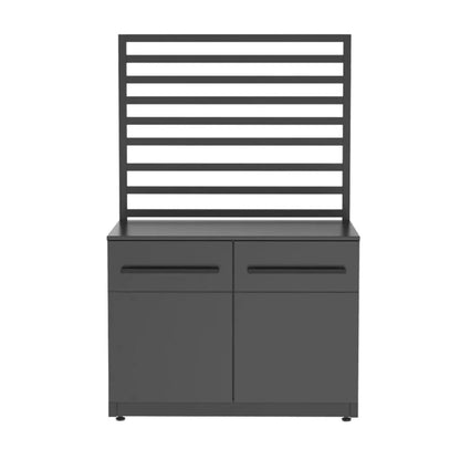 Modern dark gray outdoor storage cabinet with slatted back panel, two drawers, and two doors from Cozze Elements Outdoor Kitchen 90