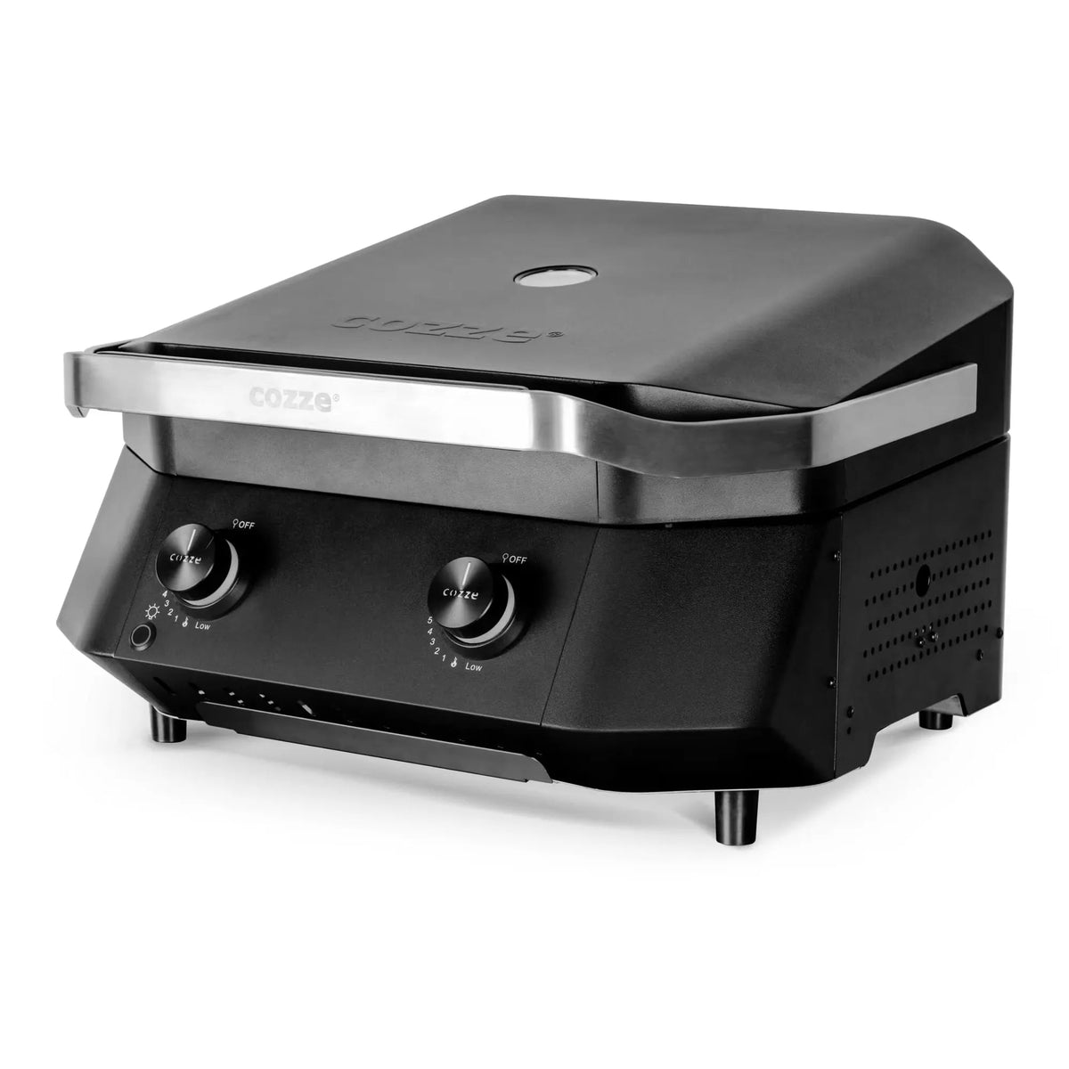 Cozze g-500 gas grill black and silver electric griddle with sleek design and two temperature control knobs