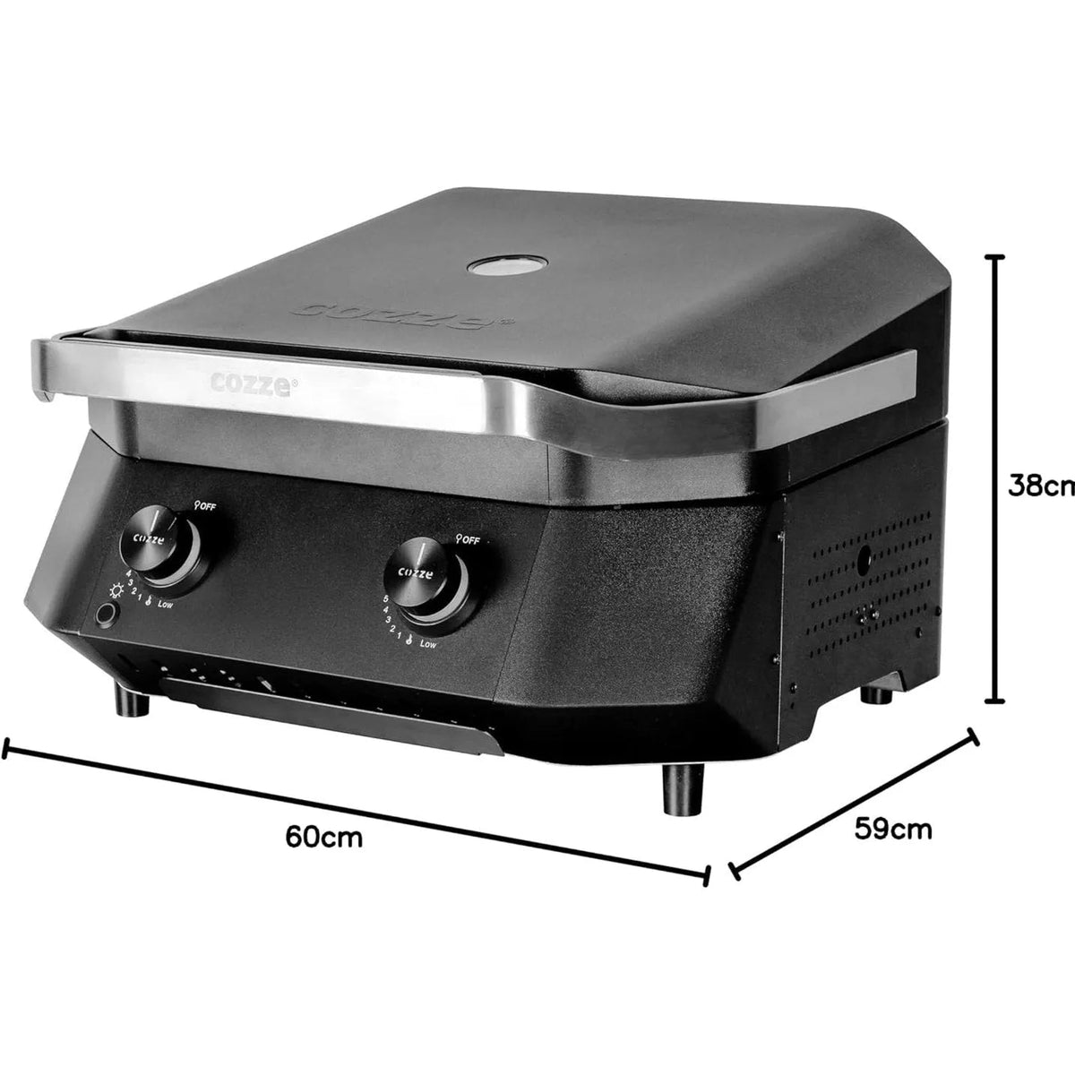 Cozze g-500 gas grill in black and silver with two adjustable temperature knobs and dual cooking zones 5.0 kw power