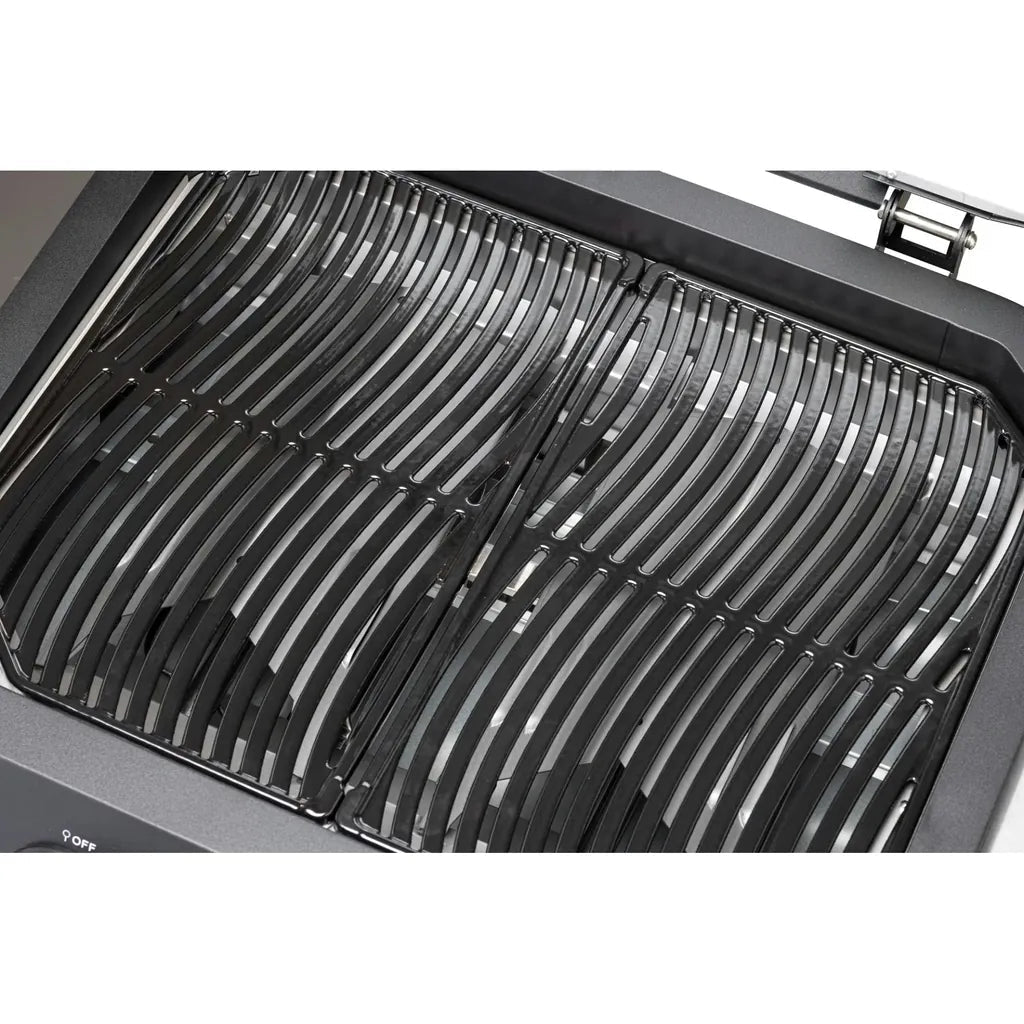 Black curved grill grates with sleek metallic finish on cozze g-500 gas grill with 2 zones 5.0 kw 90502