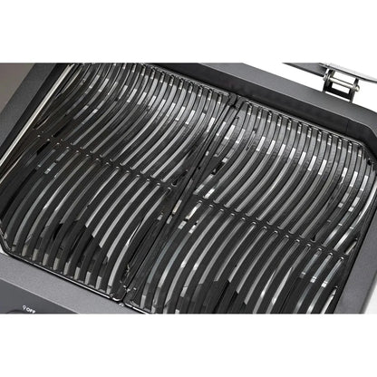Black curved grill grates with sleek metallic finish on cozze g-500 gas grill with 2 zones 5.0 kw 90502