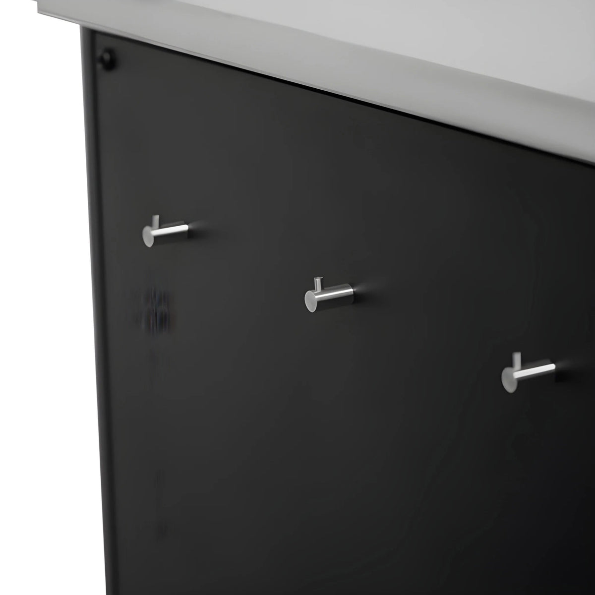 Three silver metal hooks mounted on a matte black panel of cozze outdoor kitchen 90 1 door 90527