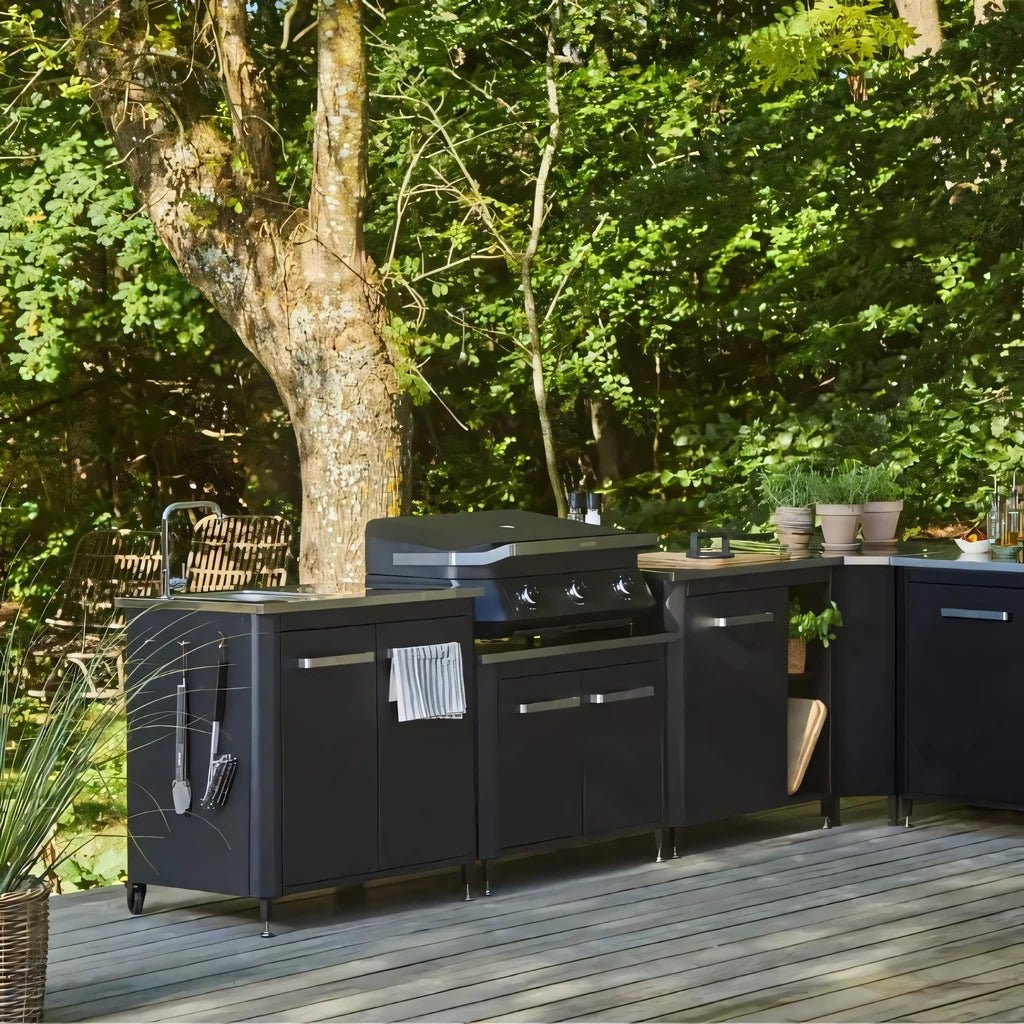Cozze Outdoor Kitchen 90 with sink featuring a black outdoor grill with stainless steel accents and modern design