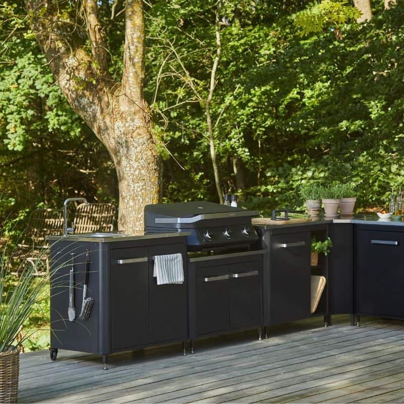 Cozze Outdoor Kitchen 90 with sink featuring a black outdoor grill with stainless steel accents and modern design