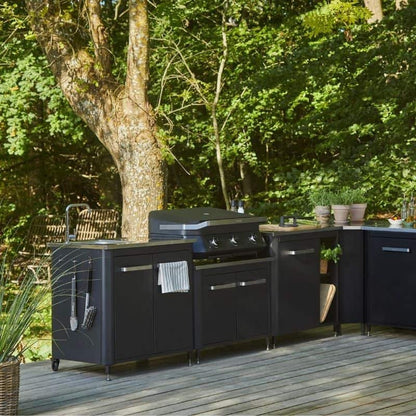 Cozze Outdoor Kitchen 90 with sink featuring a black outdoor grill with stainless steel accents and modern design