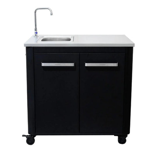 Black cozze outdoor kitchen cart with stainless steel sink faucet two doors silver handles and caster wheels