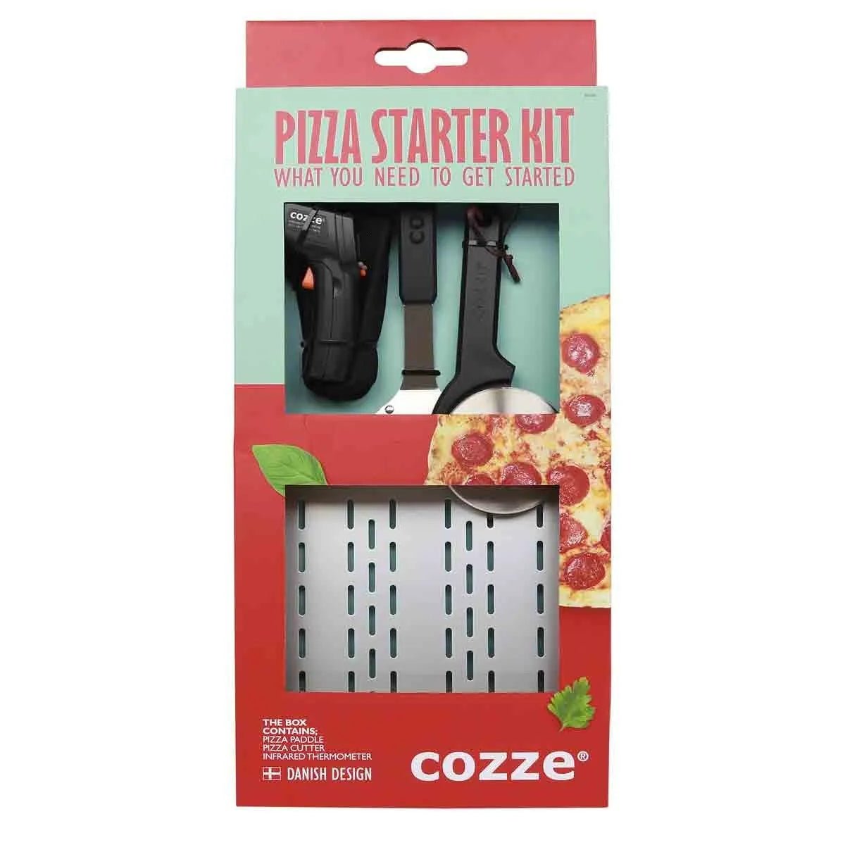 Cozze pizza starter kit with black infrared thermometer black-handled pizza cutter and perforated metal paddle