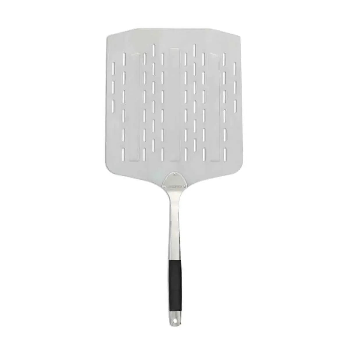 Silver stainless steel pizza peel with black grip handle and ventilation slits from cozze pizza starter kit cz90380